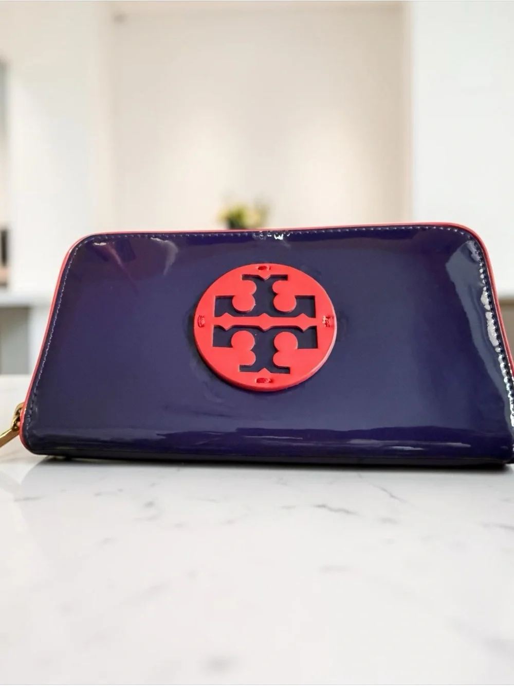 Tory Burch Patent Leather Purple and Red Long Zip-Around Wallet